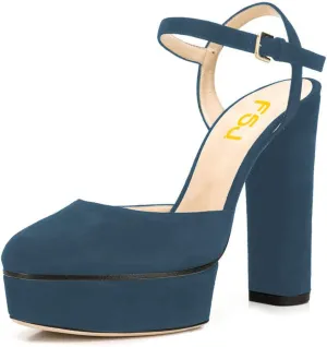 FSJ Women Sexy Platform Pumps Chunky High Heels Slingback Sandals Closed Round Toe Pump with Buckle Ankle Straps Bridal Party Dress Shoes Size 4-15 US