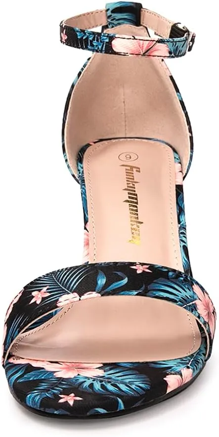 FUNKYMONKEY Women's Chunky High Heels Sandals,Two Strap Open Toe Ankle Strap Heeled Sandal,Party Wedding Strappy Buckle Sandals