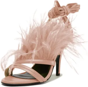 FYS Women Sexy Fluffy Feather Strappy Stiletto Heels Open Toe Lace Up Heeled Sandal Party Evening Dressy Shoes Size 4-15 US