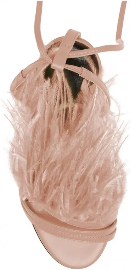 FYS Women Sexy Fluffy Feather Strappy Stiletto Heels Open Toe Lace Up Heeled Sandal Party Evening Dressy Shoes Size 4-15 US