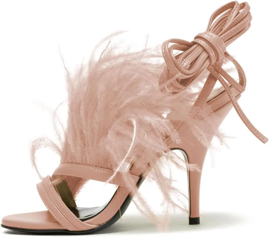 FYS Women Sexy Fluffy Feather Strappy Stiletto Heels Open Toe Lace Up Heeled Sandal Party Evening Dressy Shoes Size 4-15 US