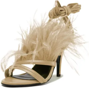 FYS Women Sexy Fluffy Feather Strappy Stiletto Heels Open Toe Lace Up Heeled Sandal Party Evening Dressy Shoes Size 4-15 US