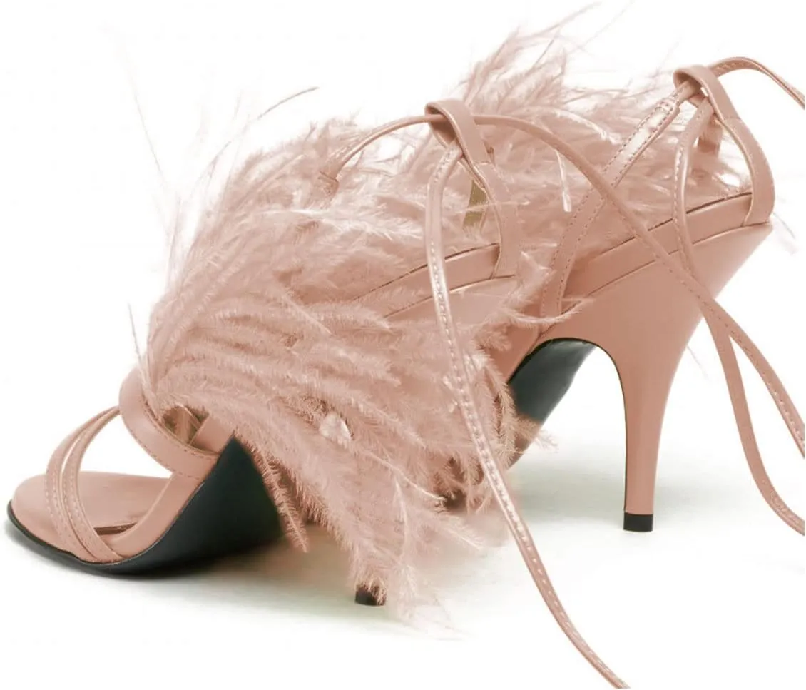FYS Women Sexy Fluffy Feather Strappy Stiletto Heels Open Toe Lace Up Heeled Sandal Party Evening Dressy Shoes Size 4-15 US