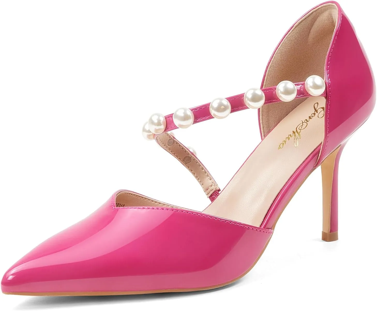 GENSHUO Women's 3.5 inches Closed Toe High Heels Stiletto Pointed Toe with Pearl Strappy Dress Wedding Party Pumps Shoes