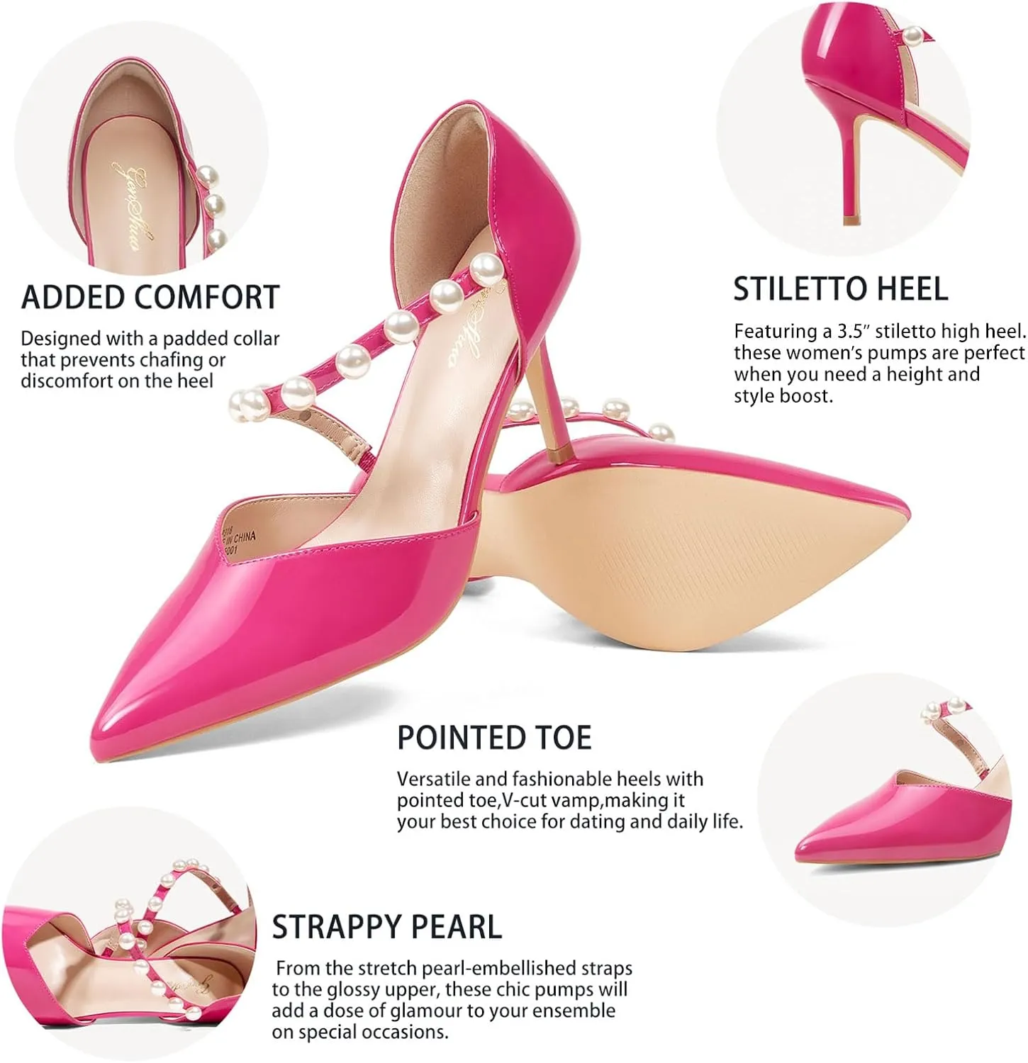 GENSHUO Women's 3.5 inches Closed Toe High Heels Stiletto Pointed Toe with Pearl Strappy Dress Wedding Party Pumps Shoes