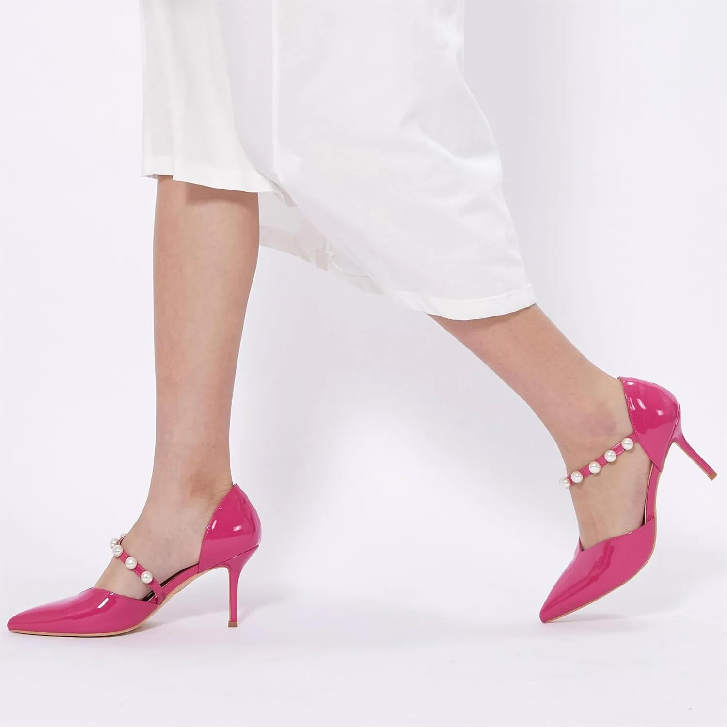 GENSHUO Women's 3.5 inches Closed Toe High Heels Stiletto Pointed Toe with Pearl Strappy Dress Wedding Party Pumps Shoes