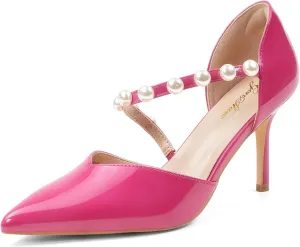 GENSHUO Women's 3.5 inches Closed Toe High Heels Stiletto Pointed Toe with Pearl Strappy Dress Wedding Party Pumps Shoes