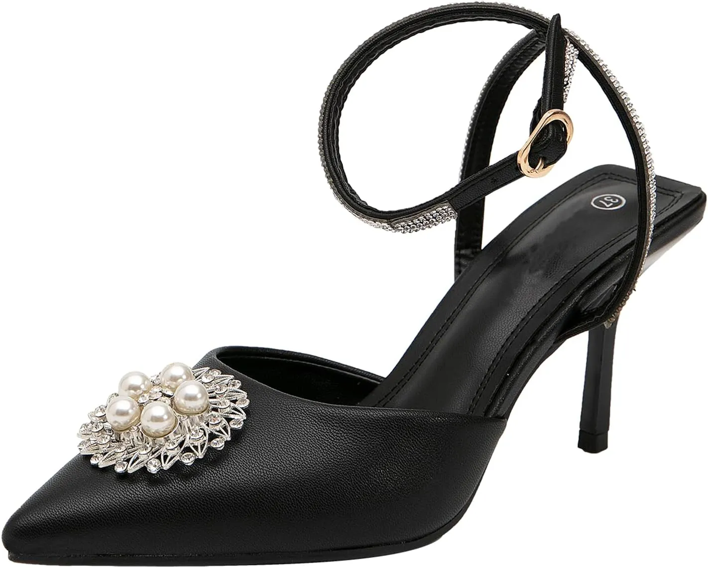 getmorebeauty Women's Stiletto High Heels Slingback Pumps Pearls Sandals Pointed Toe Ankle Strap Wedding Bridal Shoes