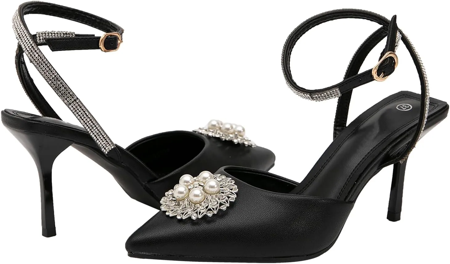 getmorebeauty Women's Stiletto High Heels Slingback Pumps Pearls Sandals Pointed Toe Ankle Strap Wedding Bridal Shoes