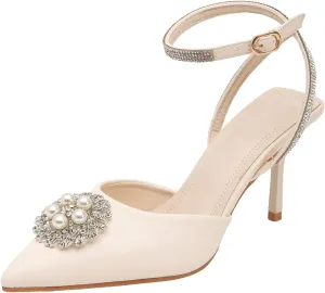 getmorebeauty Women's Stiletto High Heels Slingback Pumps Pearls Sandals Pointed Toe Ankle Strap Wedding Bridal Shoes
