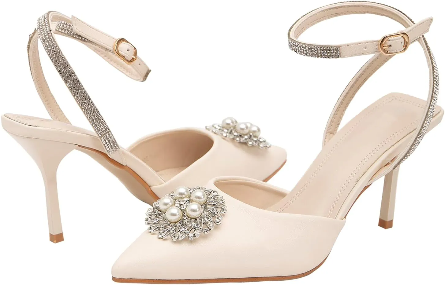 getmorebeauty Women's Stiletto High Heels Slingback Pumps Pearls Sandals Pointed Toe Ankle Strap Wedding Bridal Shoes