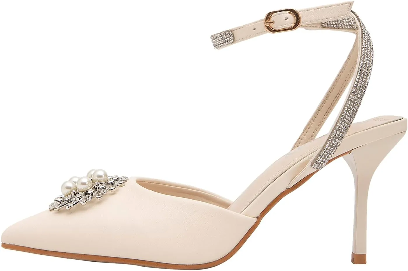 getmorebeauty Women's Stiletto High Heels Slingback Pumps Pearls Sandals Pointed Toe Ankle Strap Wedding Bridal Shoes