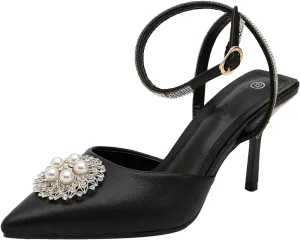 getmorebeauty Women's Stiletto High Heels Slingback Pumps Pearls Sandals Pointed Toe Ankle Strap Wedding Bridal Shoes