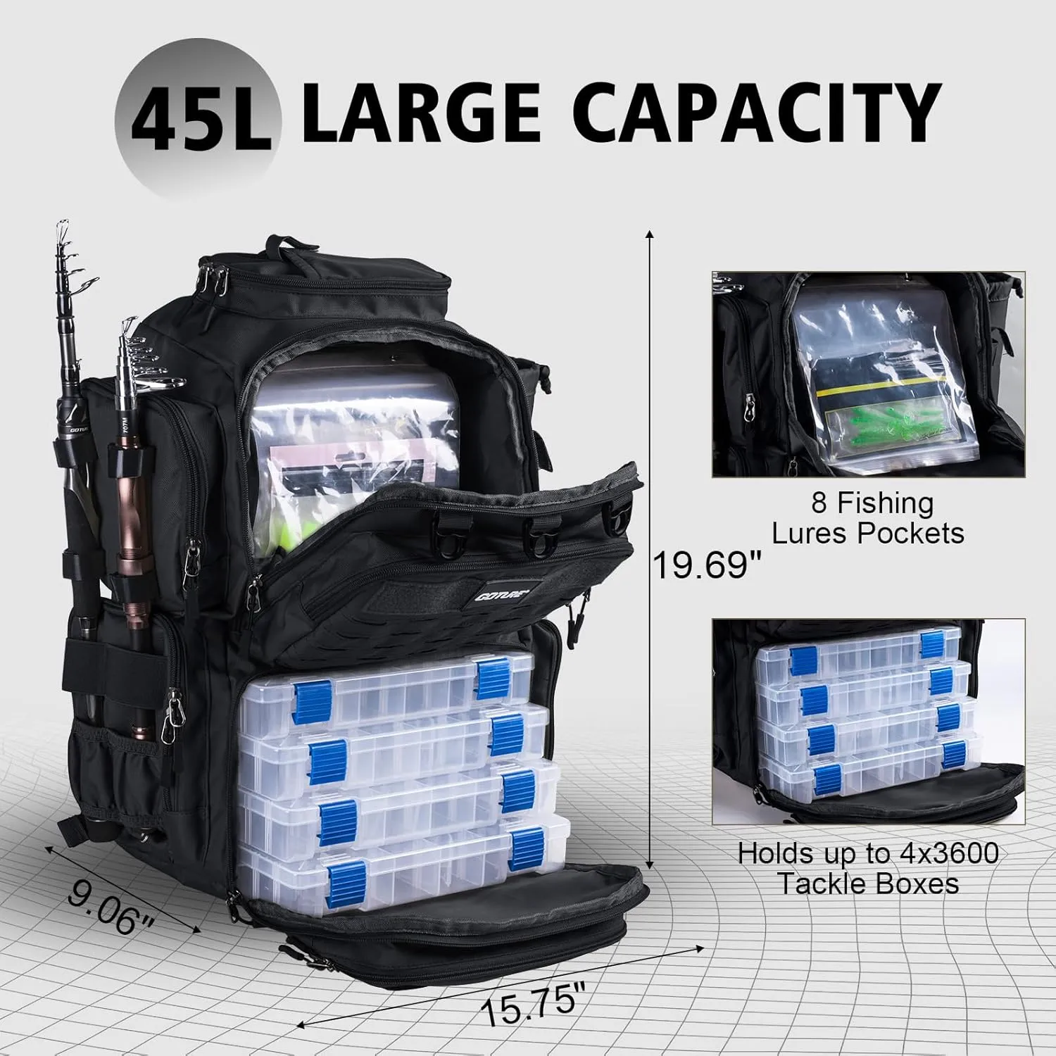 Goture Fishing Backpack with 4 Tackle Boxes, Fishing Tackle Backpack with Rod Holders, 45L 600D Large Fishing Bag Storage Fishing Gear Tackle Bag with 8 Lure Pockets,Rain Cover for Camping Hiking