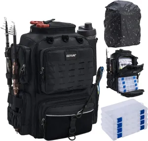 Goture Fishing Backpack with 4 Tackle Boxes, Fishing Tackle Backpack with Rod Holders, 45L 600D Large Fishing Bag Storage Fishing Gear Tackle Bag with 8 Lure Pockets,Rain Cover for Camping Hiking