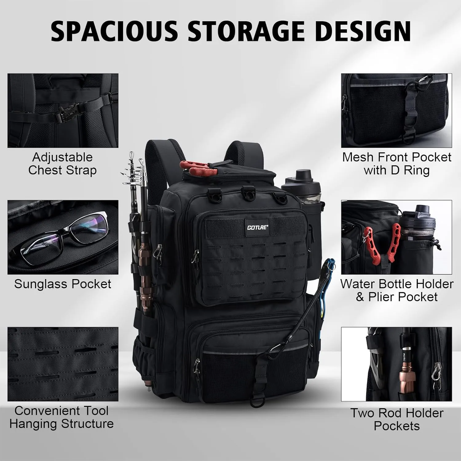 Goture Fishing Backpack with 4 Tackle Boxes, Fishing Tackle Backpack with Rod Holders, 45L 600D Large Fishing Bag Storage Fishing Gear Tackle Bag with 8 Lure Pockets,Rain Cover for Camping Hiking