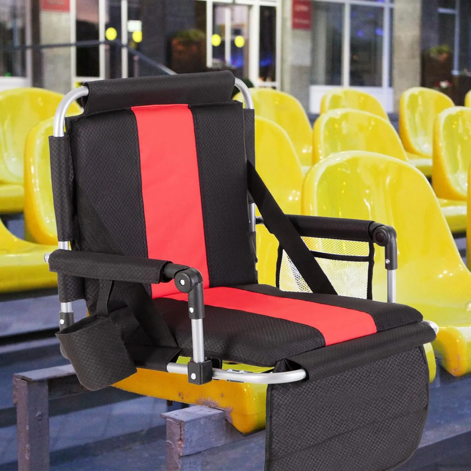 GREEN PARTY Stadium Seat for Bleachers Portable Outdoor Floor Folding Stadium Chair with Armrest, Back Support, Cup Holder, Mesh Bag and Hide Hooks