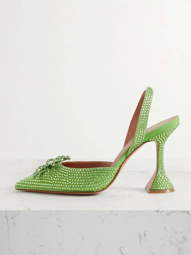 Green Suede Rhinestone Bow Pointy Half Stiletto Half Flared Slingback Karma Pumps