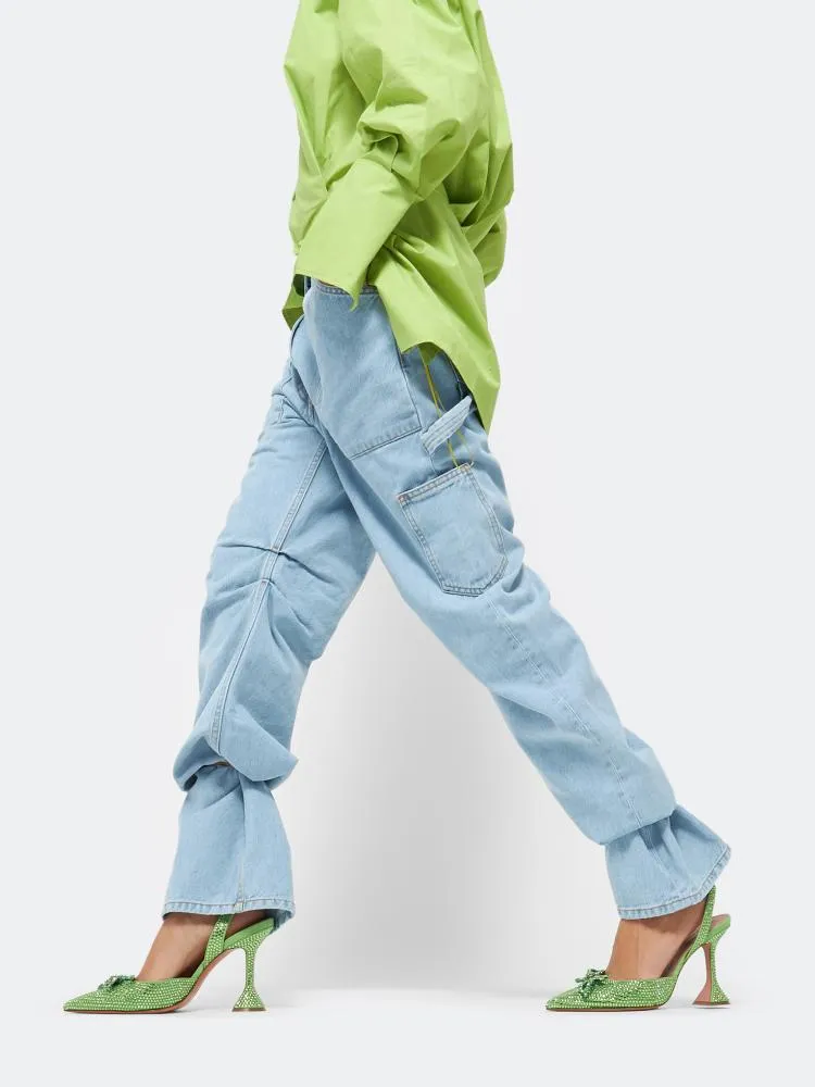 Green Suede Rhinestone Bow Pointy Half Stiletto Half Flared Slingback Karma Pumps