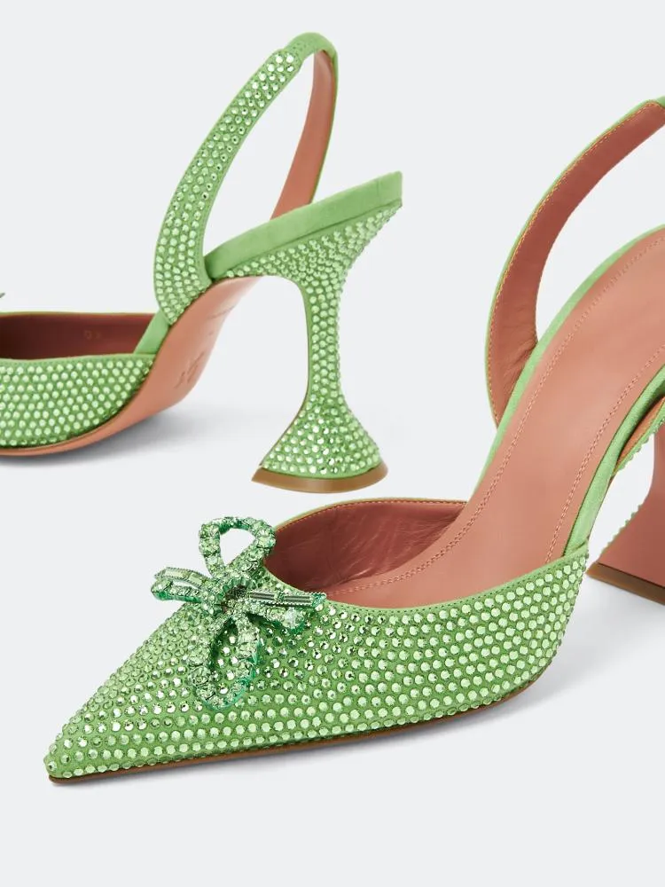 Green Suede Rhinestone Bow Pointy Half Stiletto Half Flared Slingback Karma Pumps