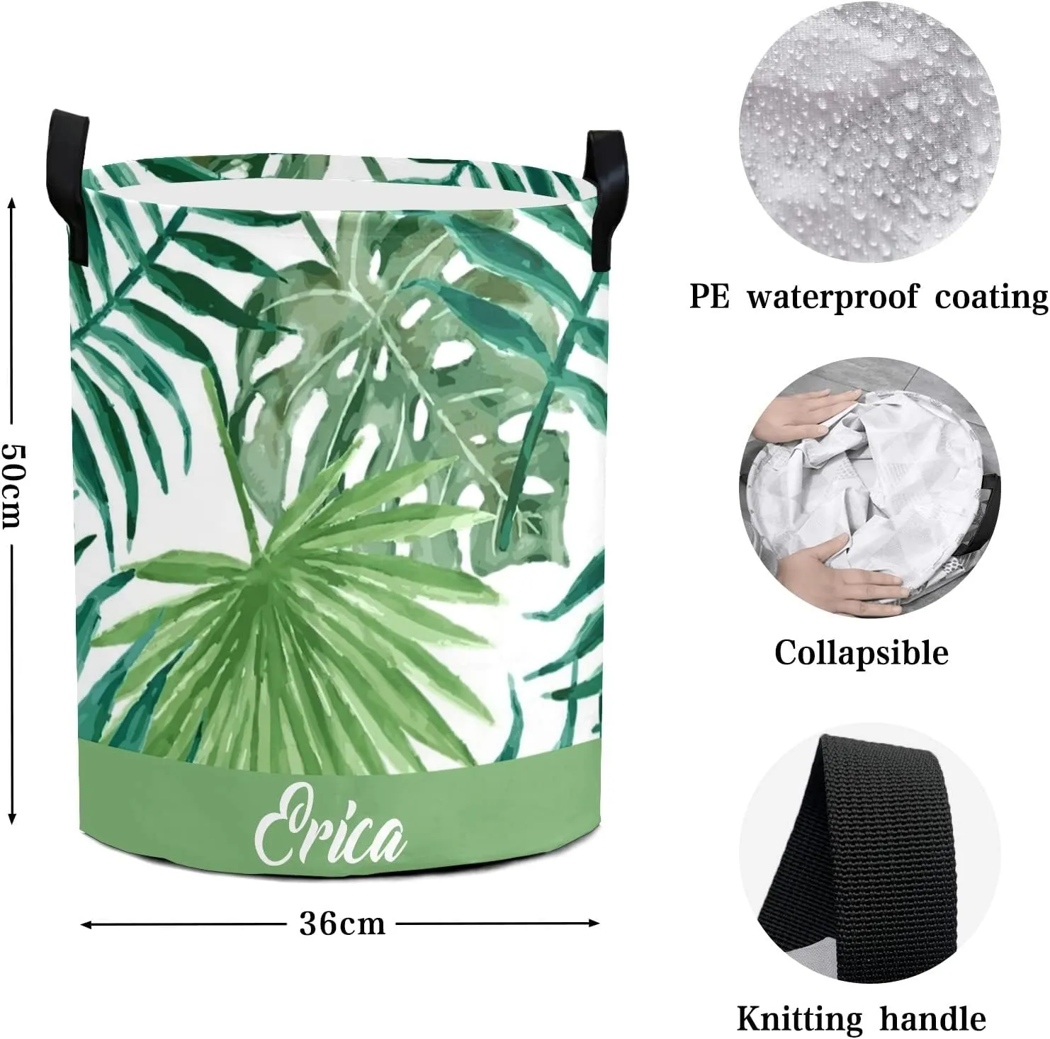 Green Tropical Palm Leaves Personalized Waterproof Foldable Laundry Basket Bag with Handle, Custom Collapsible Clothes Hamper Storage Bin for Toys Laundry Dorm Travel Bathroom