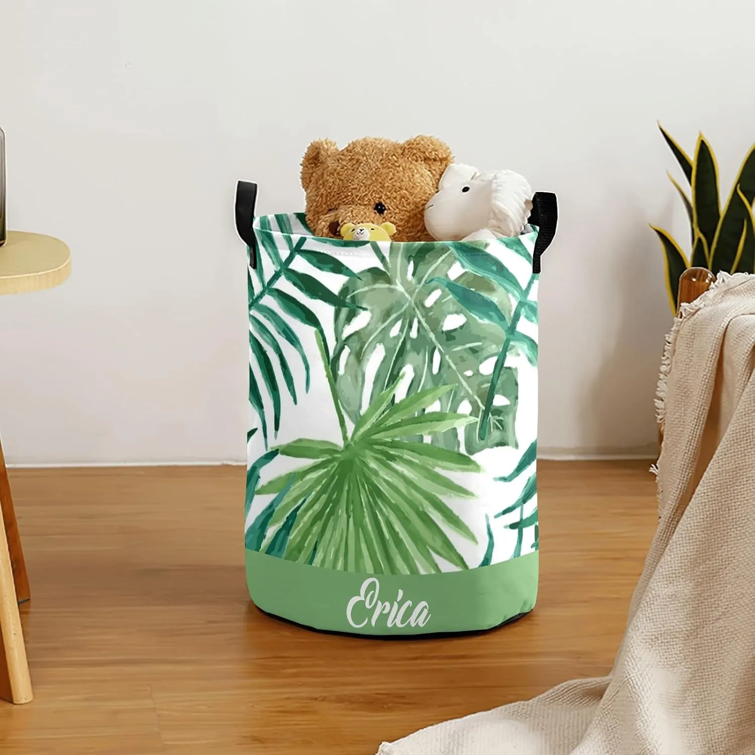 Green Tropical Palm Leaves Personalized Waterproof Foldable Laundry Basket Bag with Handle, Custom Collapsible Clothes Hamper Storage Bin for Toys Laundry Dorm Travel Bathroom