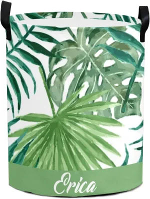 Green Tropical Palm Leaves Personalized Waterproof Foldable Laundry Basket Bag with Handle, Custom Collapsible Clothes Hamper Storage Bin for Toys Laundry Dorm Travel Bathroom