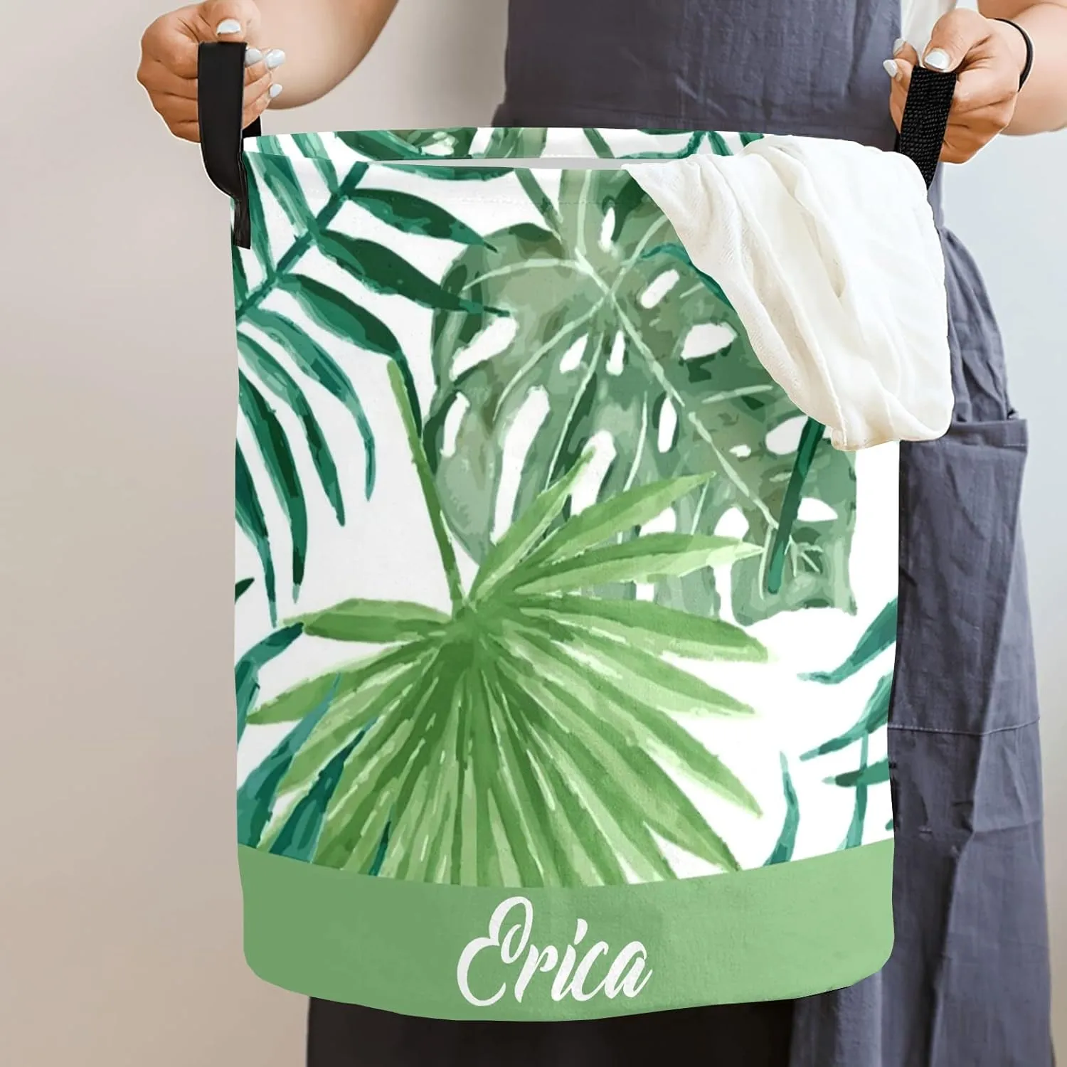 Green Tropical Palm Leaves Personalized Waterproof Foldable Laundry Basket Bag with Handle, Custom Collapsible Clothes Hamper Storage Bin for Toys Laundry Dorm Travel Bathroom