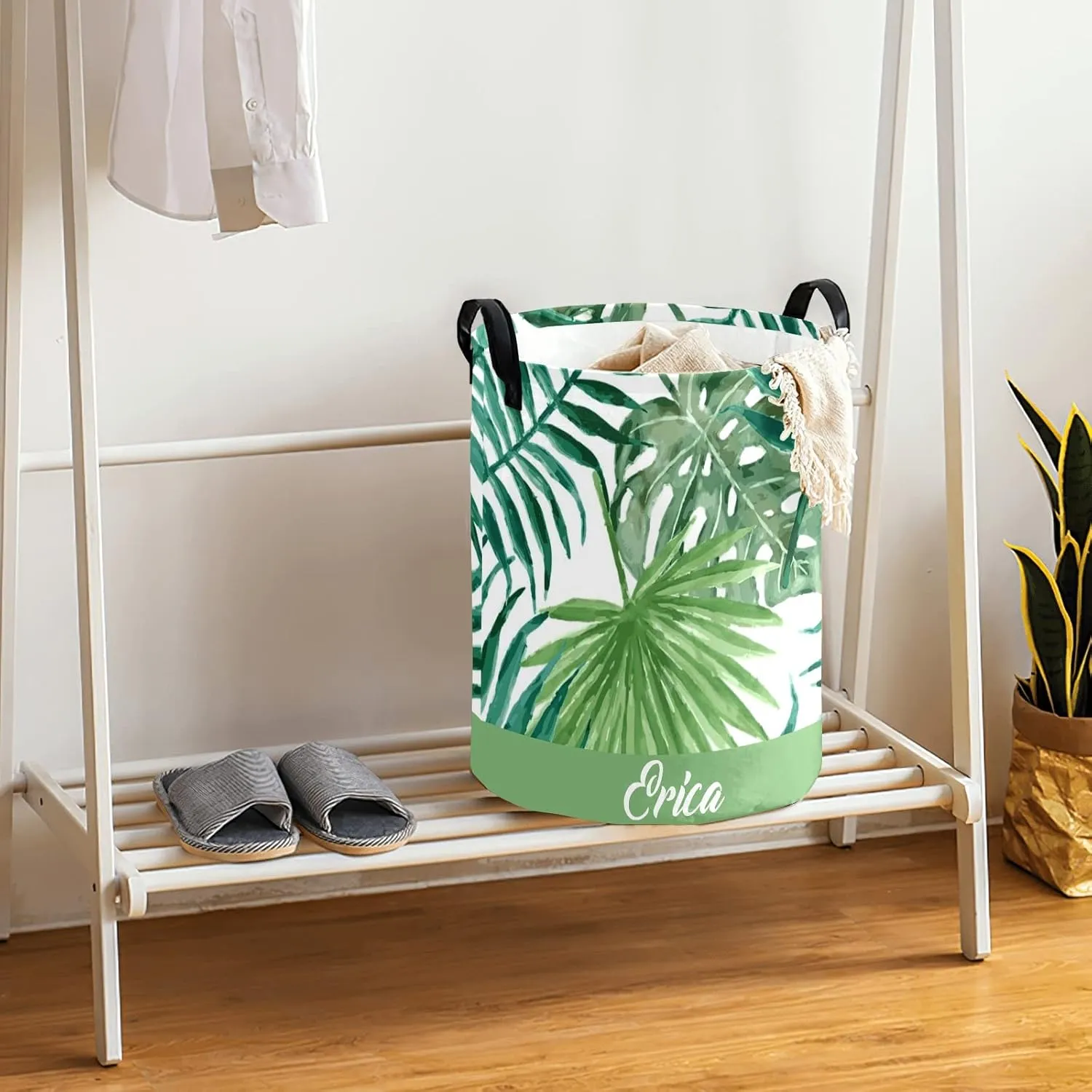 Green Tropical Palm Leaves Personalized Waterproof Foldable Laundry Basket Bag with Handle, Custom Collapsible Clothes Hamper Storage Bin for Toys Laundry Dorm Travel Bathroom