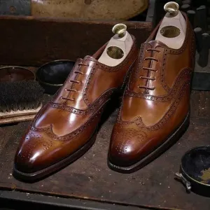 Handmade Men Brown Leather Brogue Wingtip Formal Dress Shoes, Oxford Shoes