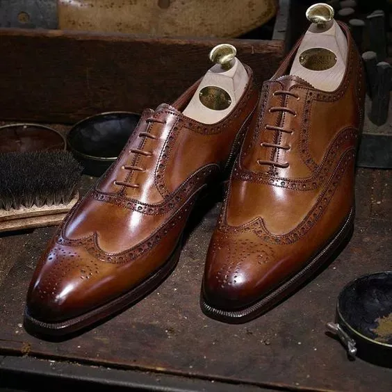 Handmade Men Brown Leather Brogue Wingtip Formal Dress Shoes, Oxford Shoes