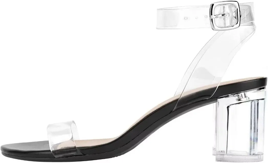 Heels Charm Women's Strappy Clear Chunky Clear Block Low Heeled Sandals 2 Inches Open Toe Ankle Strap High Heel Dress Sandals Daily Work Party Sandal Shoes