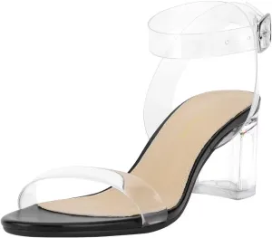 Heels Charm Women's Strappy Clear Chunky Clear Block Low Heeled Sandals 2 Inches Open Toe Ankle Strap High Heel Dress Sandals Daily Work Party Sandal Shoes