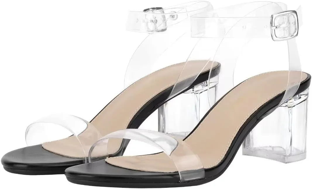 Heels Charm Women's Strappy Clear Chunky Clear Block Low Heeled Sandals 2 Inches Open Toe Ankle Strap High Heel Dress Sandals Daily Work Party Sandal Shoes