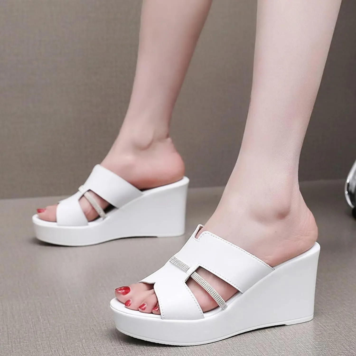 HNVAVQ Slip On Wedge Sandals for Women Open Toe Platform Slides Dressy High Heels Summer Beach Sandal Comfortable Wedges Shoe,3.15IN