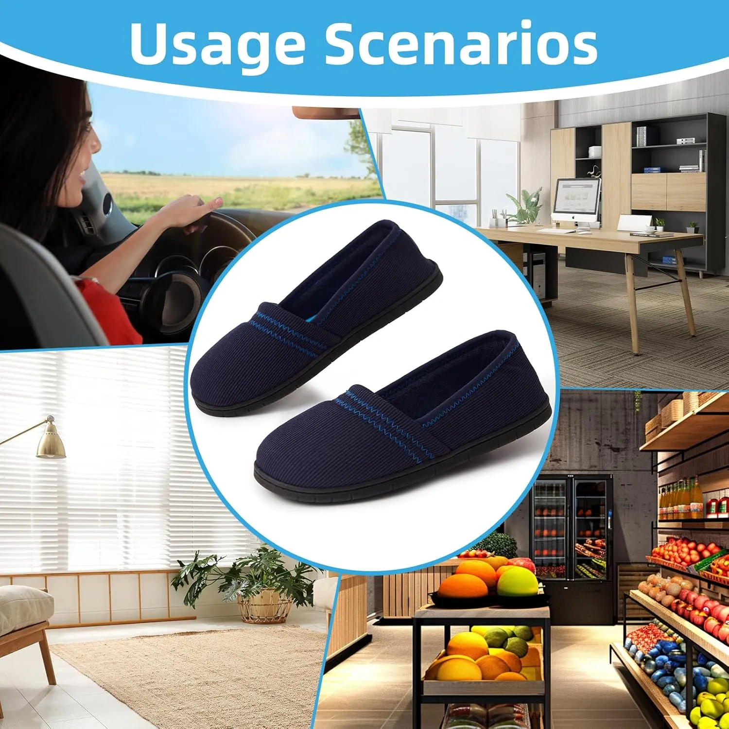 House Shoes for Women Comfy Memory Foam Loafer Slippers for Ladies Non-slip Sole for Comfort Ballet Flat with Closed Back Indoor and Outdoor for All Season Wear DarkGrey NavyBlue US6-US11