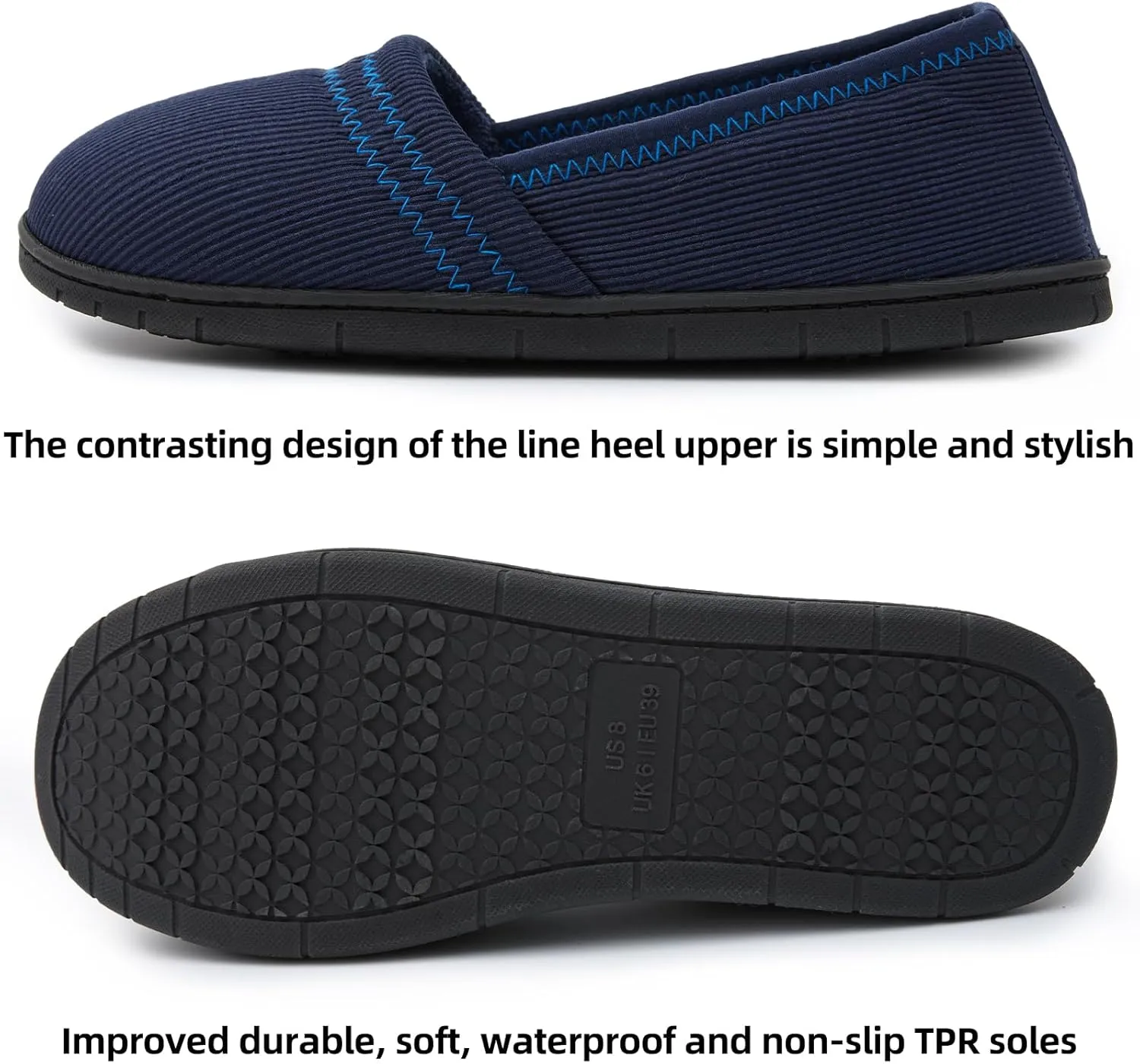 House Shoes for Women Comfy Memory Foam Loafer Slippers for Ladies Non-slip Sole for Comfort Ballet Flat with Closed Back Indoor and Outdoor for All Season Wear DarkGrey NavyBlue US6-US11