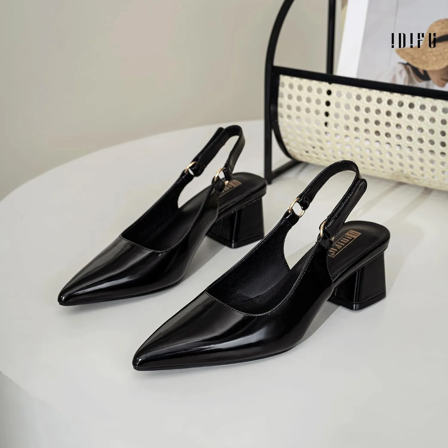 IDIFU IN2 Slingback Closed Toe Heels Chunky Low Block Short Heels Women's Pumps Hook and Loop Pointed Toe Wedding Bride Prom Dress Shoes for Women Dressy Comfortable Cute Small Thick Pumps Shoes