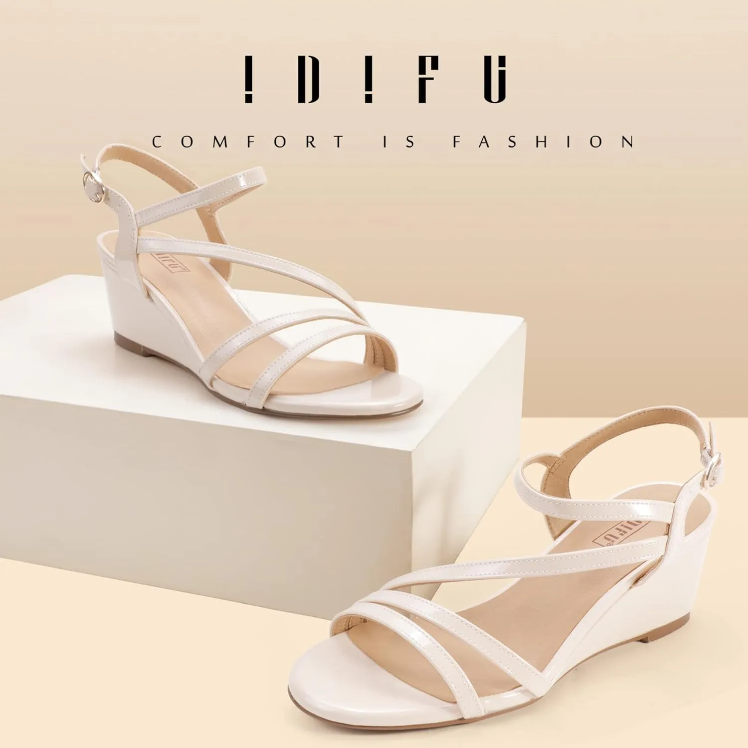 IDIFU Women's Wedge Heel Sandal Dress Low Strappy 2 Inch Open Toe Wedding Bridal Shoes for Woman Ladies Evening Formal
