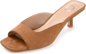 Journee Square Open Toe Kitten Heel Pump for Women - Larna Slip-On Heeled Fashion Sandal