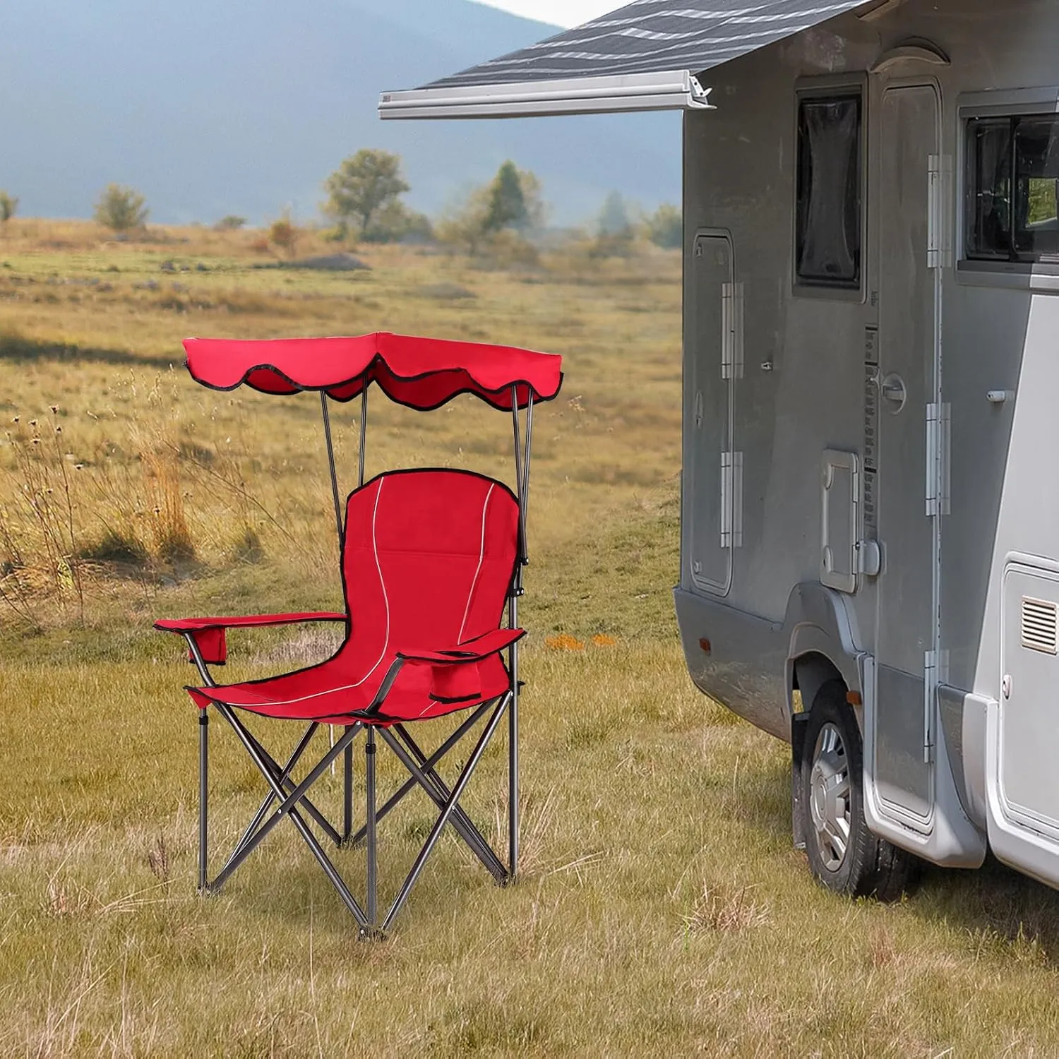 KOTEK Camping Chair with Canopy, Portable Canopy Chair with Shade, Cup Holder & Carry Bag, Outdoor Folding Chairs for Sports Events, Fishing, Beach, Picnic, Hiking, Travel (Red)