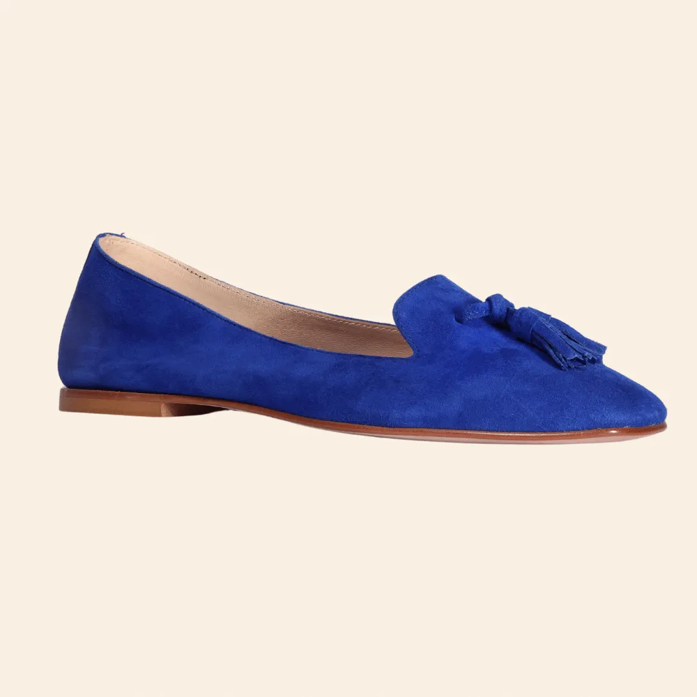 Ladies Genuine Suede Leather Ballerina Pump with Tassels in Bluette by Aliverti (ESE328)