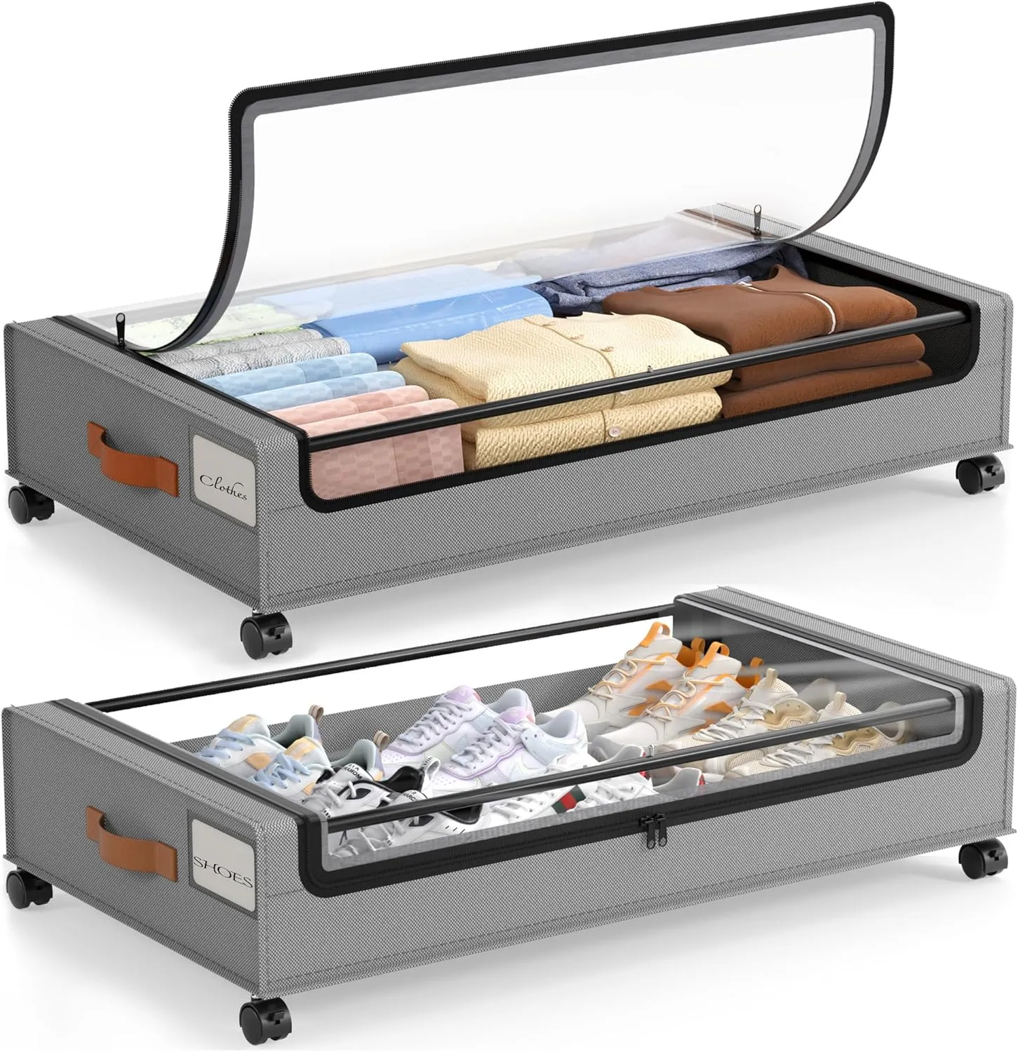 LAMU Under Bed Storage with Wheels 2 Pack, Under Bed Storage Containers with Clear Lid & PU Leather Handle, 6.7 Inches Height Rolling Underbed Drawer Organizer Bins for Clothes, Shoes, Blankets, Grey