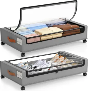LAMU Under Bed Storage with Wheels 2 Pack, Under Bed Storage Containers with Clear Lid & PU Leather Handle, 6.7 Inches Height Rolling Underbed Drawer Organizer Bins for Clothes, Shoes, Blankets, Grey