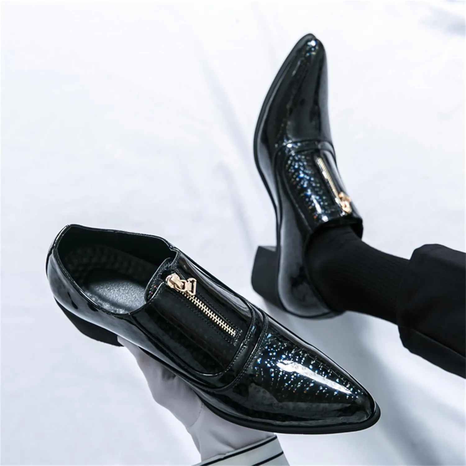 Men's Chunky Heels Patent Leather Dress Loafers with Front Zipper Luxury Wing Tip Tuxedo Formal Oxford Derby Shoes