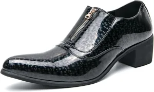 Men's Chunky Heels Patent Leather Dress Loafers with Front Zipper Luxury Wing Tip Tuxedo Formal Oxford Derby Shoes
