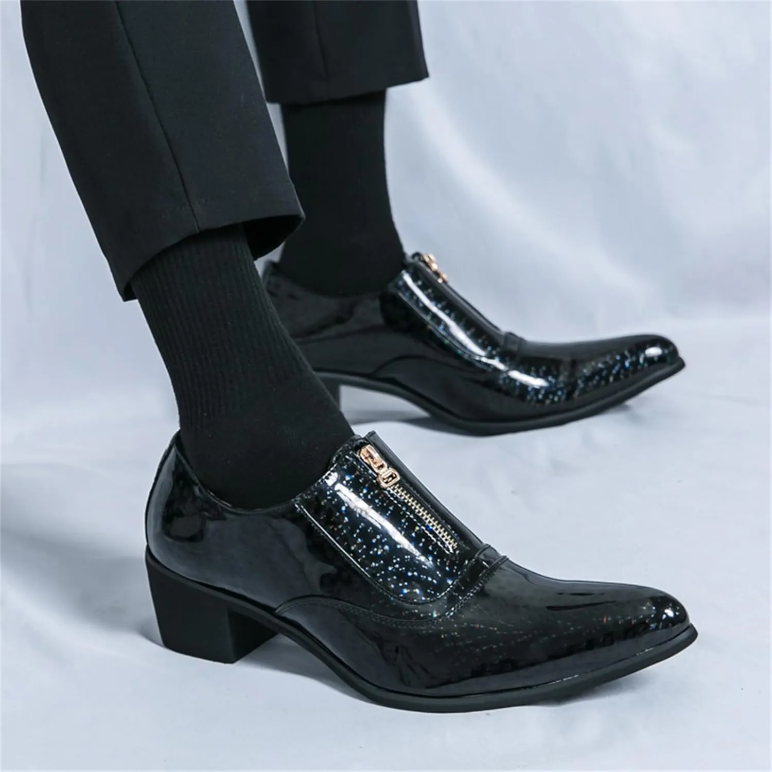 Men's Chunky Heels Patent Leather Dress Loafers with Front Zipper Luxury Wing Tip Tuxedo Formal Oxford Derby Shoes