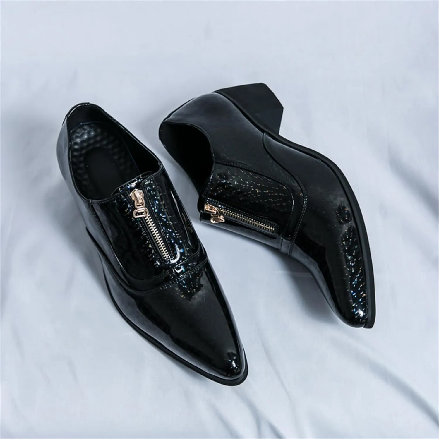 Men's Chunky Heels Patent Leather Dress Loafers with Front Zipper Luxury Wing Tip Tuxedo Formal Oxford Derby Shoes