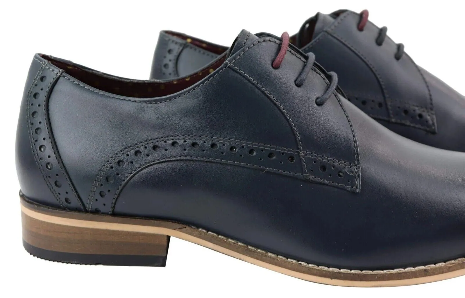 Mens Classic Oxford Brogue Derby Shoes in Navy Blue Leather