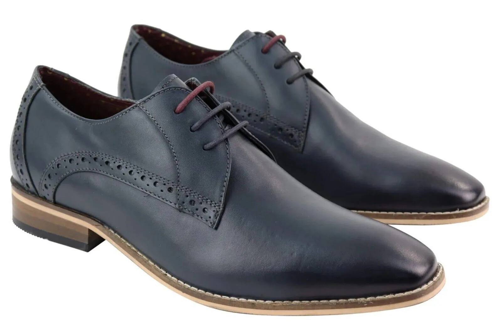 Mens Classic Oxford Brogue Derby Shoes in Navy Blue Leather